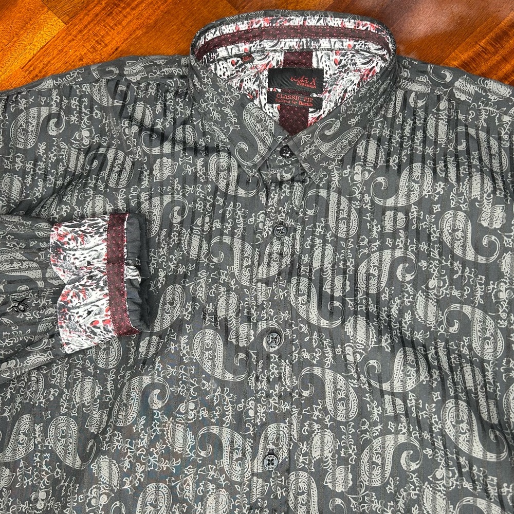 Eight X Buckle Black Paisley Printed Flip Cuff Long Sleeve Button Up Shirt